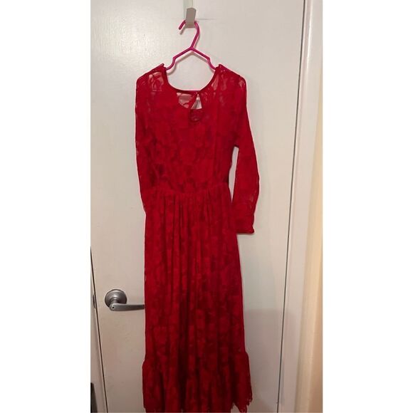 Girls Lace Long Sleeves Scoop Neck Belted Pullover Long Maxi Dress Red Sz 8-9Y - Picture 5 of 10